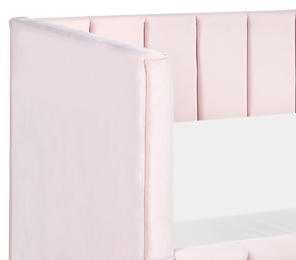 Posteľ pastelová ružová zamatová čalúnený rám postele 90 x 200 cm drevený lamelový rošt drevené nohy