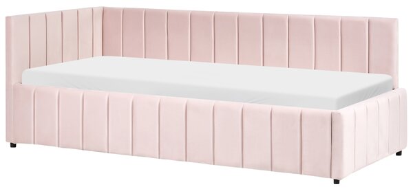 Posteľ pastelová ružová zamatová čalúnený rám postele 90 x 200 cm drevený lamelový rošt drevené nohy