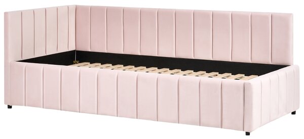 Posteľ pastelová ružová zamatová čalúnený rám postele 90 x 200 cm drevený lamelový rošt drevené nohy