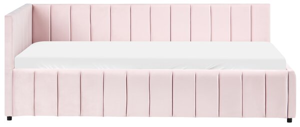 Posteľ pastelová ružová zamatová čalúnený rám postele 90 x 200 cm drevený lamelový rošt drevené nohy