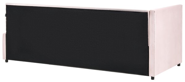 Posteľ pastelová ružová zamatová čalúnený rám postele 90 x 200 cm drevený lamelový rošt drevené nohy