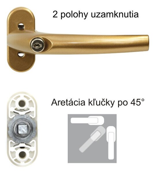RHW.009.F4 univerzálna kľučka na okno s uzamykaním, každá kľučka má samostatný kľúč Bronz