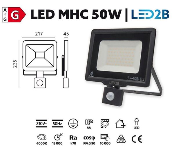 LED reflektor 50W s detektorom pohybu 4000K čierny