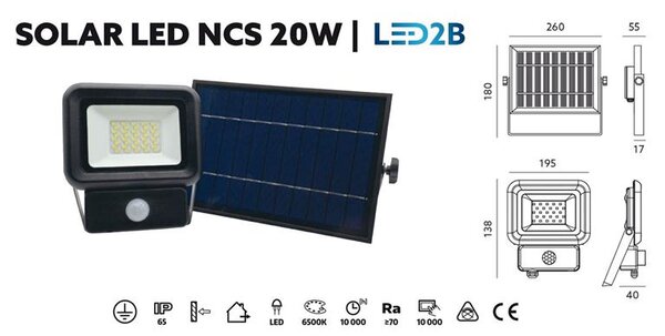 Solárny LED reflektor s detektorom pohybu, 20W, 6500K