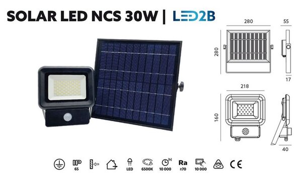 Solárny LED reflektor s detektorom pohybu, 30W, 6500K