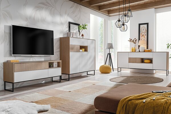 Komoda Bliwon 149 cm so zásuvkami - jodeľka scandi / biely mat