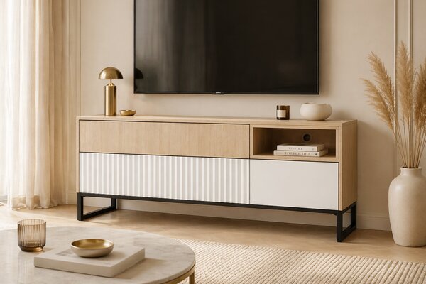 TV stolík Bliwon 148 cm so zásuvkami - jodeľka scandi / biely mat