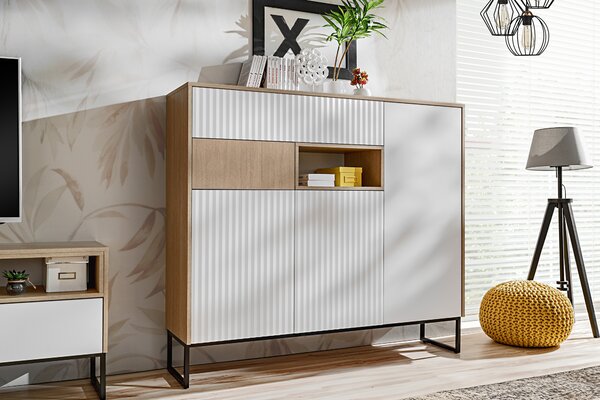 Komoda Bliwon 149 cm so zásuvkami - jodeľka scandi / biely mat