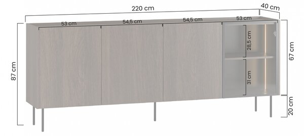 Štvordverová komoda Dunari 220 cm so zásuvkami - dub slávonia - Výstavný výpredaj