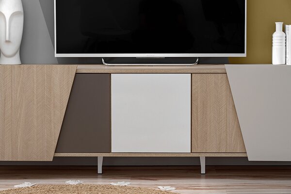 TV skrinka Miraza 180 cm geometrická - škandinávska rybia kosť / béžová / biela / hnedá