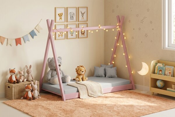 Detská posteľ Tipi 70x140 drevený domček - ružový