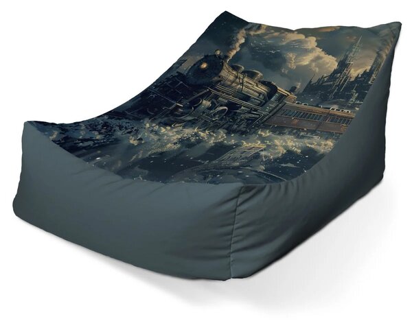 Sablio Sedací vak Lounge Parná lokomotíva v zasneženom meste - 80 x 95 x 50 cm