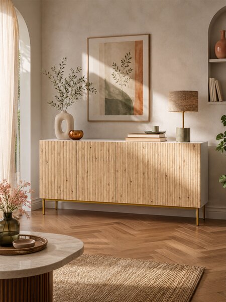 Komoda Nicole 200 cm štvordverová - Biely / Dub artisan / zlote nozki