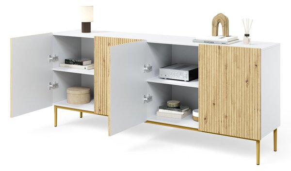 Komoda Nicole 200 cm štvordverová - Biely / Dub artisan / zlote nozki