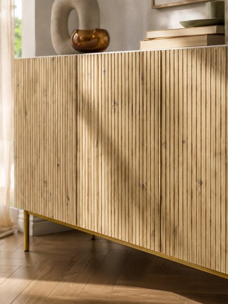 Komoda Nicole 200 cm štvordverová - Biely / Dub artisan / zlote nozki