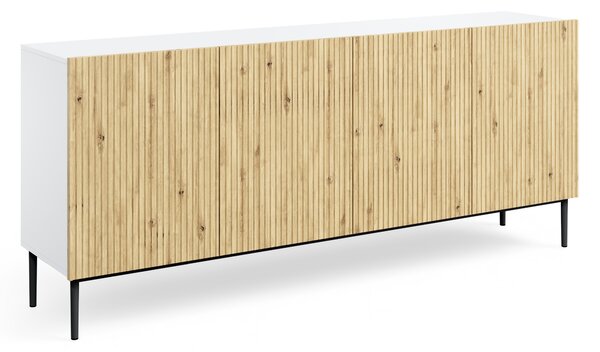 Biela komoda Nicole 200 cm so štyrmi dverami - biely / dub artisan / čierne nohy