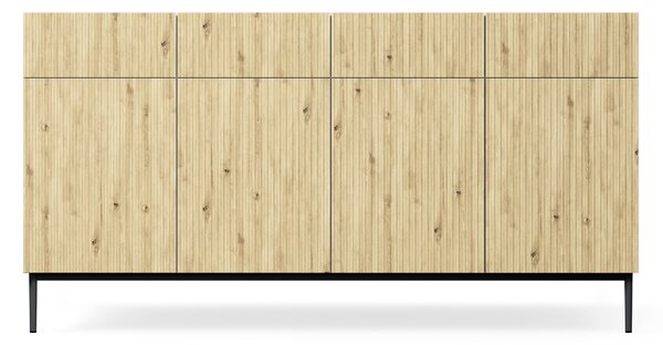 Biela štvordverová komoda Nicole 200 cm so zásuvkami - biela / dub artisan / čierne nohy