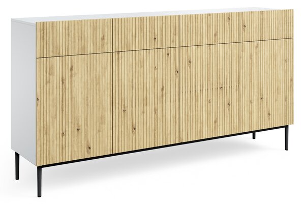 Biela štvordverová komoda Nicole 200 cm so zásuvkami - biela / dub artisan / čierne nohy