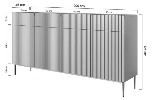 Biela štvordverová komoda Nicole 200 cm so zásuvkami - biela / dub artisan / čierne nohy