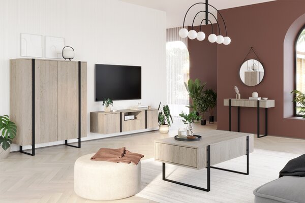 Vysoká komoda Verica 120 cm s dvoma dverami - bisquitový dub / čierne nohy