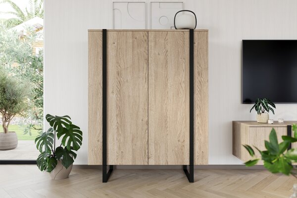 Vysoká komoda Verica 120 cm s dvoma dverami - bisquitový dub / čierne nohy