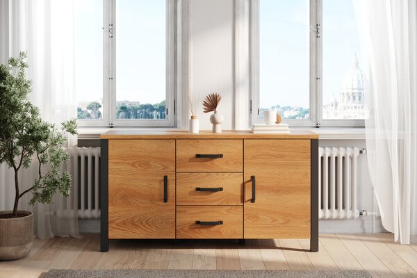Komoda Olin 26 150 cm so zásuvkami - Dub karmelowy / Čierny supermat - ponuka Limitowana