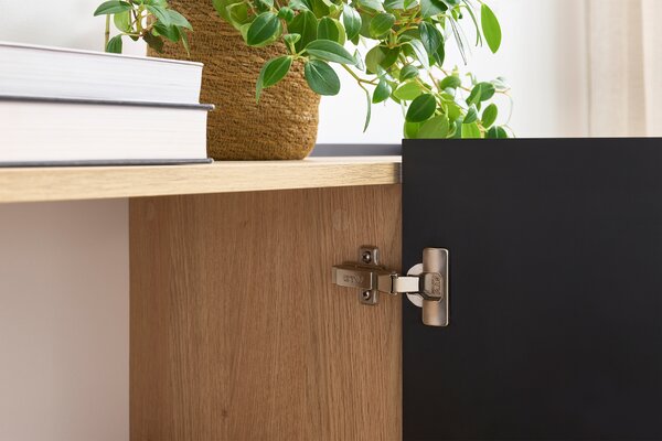 Vysoká komoda Desin 120 cm s dvoma dverami a skrytými zásuvkami - čierny mat / dub nagano