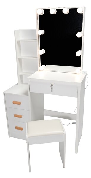 INLEA Toaletný stolík INARA s taburetkou, LED osvetlením (LED ziarovky) a 4 zásuvkami - biely