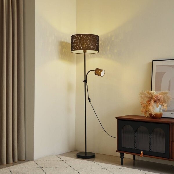Stojacia lampa Lindby Melanie, čierna, látka, Ø 36 cm, 2 svetlá., Čierna, Obývacia izba / jedáleň, kov, Moderný, Stojaca lampa