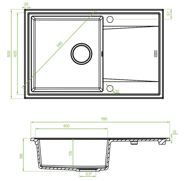 Laveo Megalo, 1-komorový granitový drez 780x500x185 mm, biela, LAV-SBE_611T