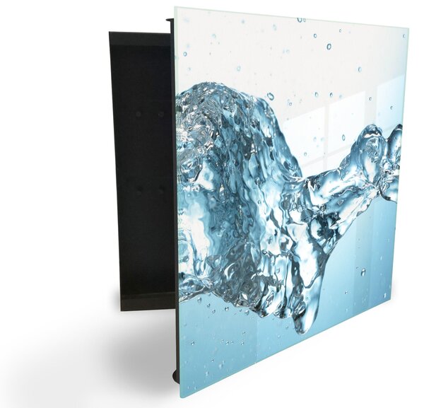 Glasdekor skrinka na kľúče - vlna vody s kvapkami na bielom podklade - Pravé / Čierna