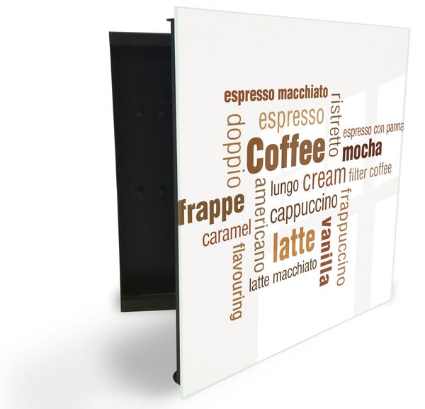 Glasdekor skrinka na kľúče - ilustrácie Coffe, Espresso, Latte - Pravé / Biela