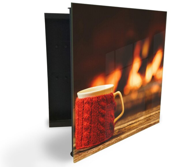 Glasdekor skrinka na kľúče - biely hrnček v červenej pletenine pri ohni - Ľavé / Čierna