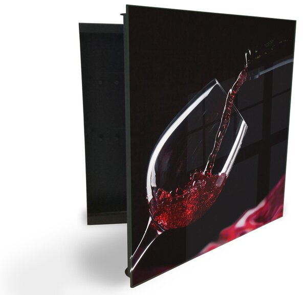 Glasdekor skrinka na kľúče - poháre červeného vína na tmavom pozadí - Ľavé / Biela