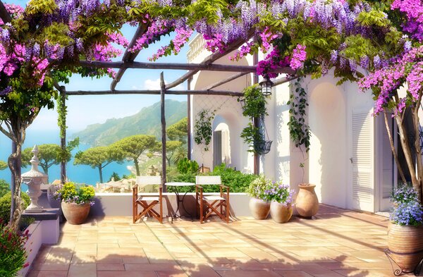 Tapety Wisteria kvitne na verande, Fototapety s kvetmi, u03904 : Uwalls.sk