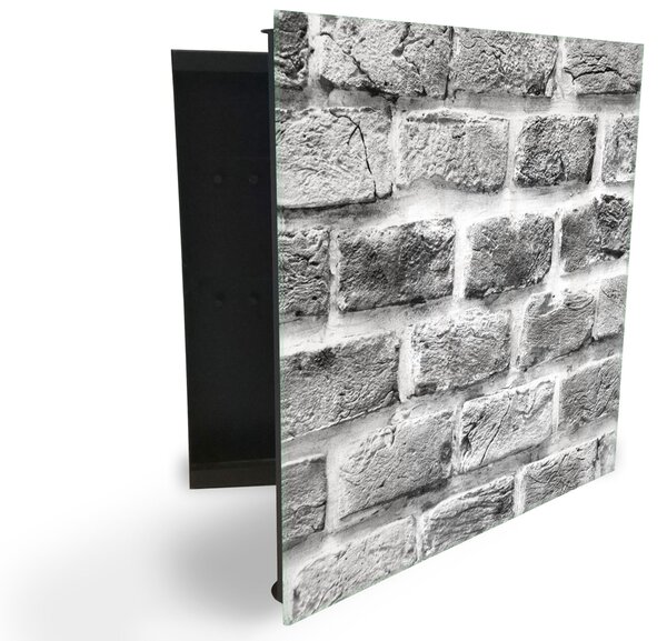 Glasdekor skrinka na kľúče - starý čiernobiely tehlový múr - Ľavé / Čierna