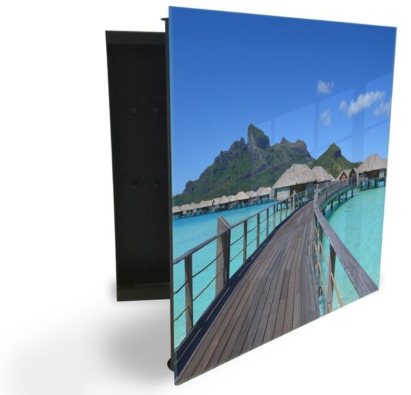 Glasdekor skrinka na kľúče - chatky nad morom Bora Bora - Pravé / Čierna