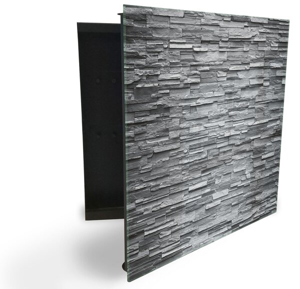 Glasdekor skrinka na kľúče - múr štiepaný šedý kameň - Ľavé / Čierna