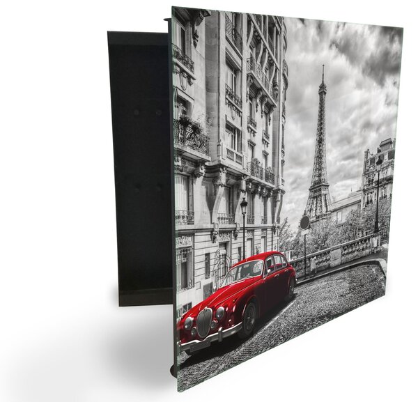 Glasdekor skrinka na kľúče - červené auto a Eiffelová veža v Paríž - Pravé / Biela