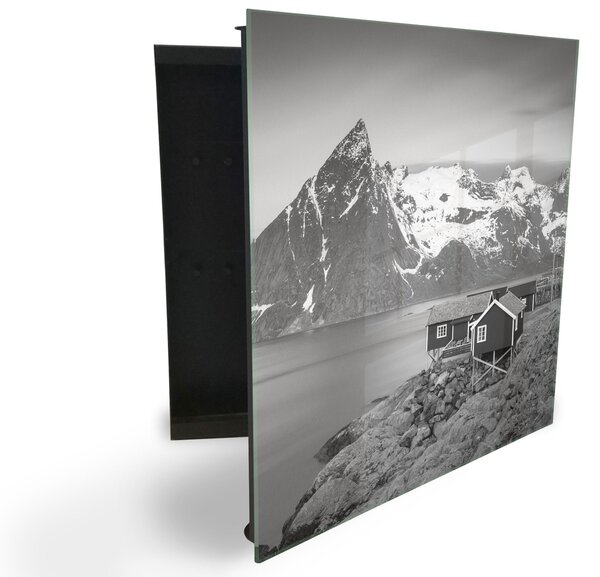Glasdekor skrinka na kľúče -čierno biele hory, jazero, chata - Pravé / Čierna