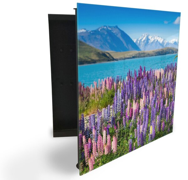 Glasdekor skrinka na kľúče - hora, jazero a kvitnúce lupiny - Ľavé / Čierna