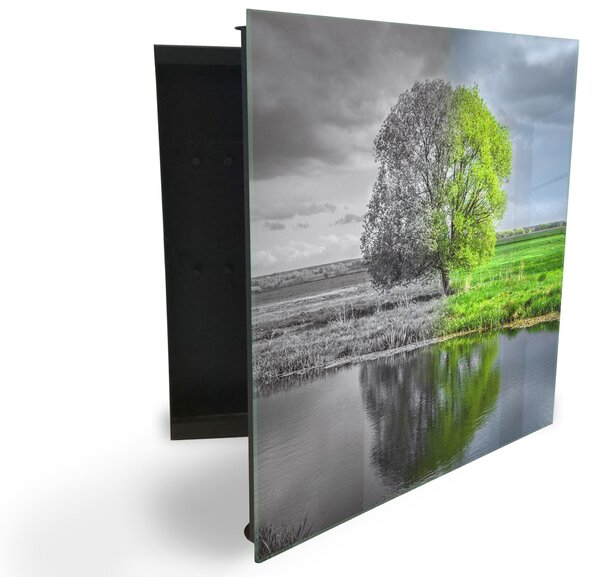Glasdekor skrinka na kľúče - strom pri jazere zeleno šedý abstrakt - Ľavé / Čierna