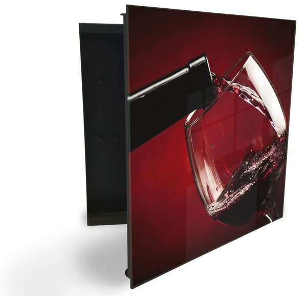 Glasdekor skrinka na kľúče - fľaša a poháre červené víno - Pravé / Biela