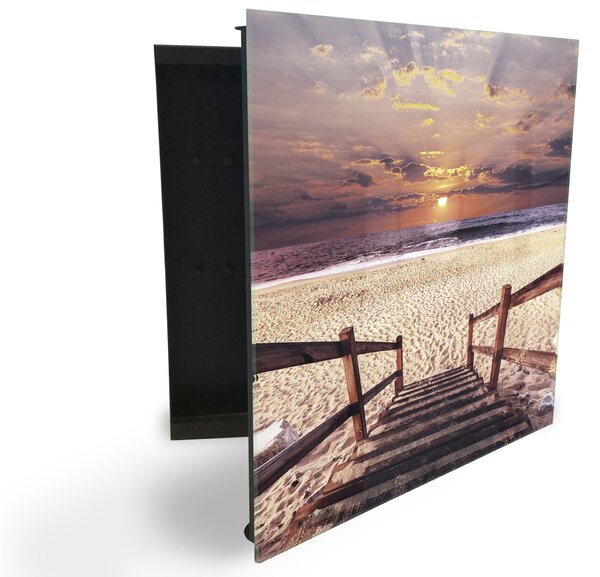 Glasdekor skrinka na kľúče - promenáda na pláži západ slnka - Pravé / Biela