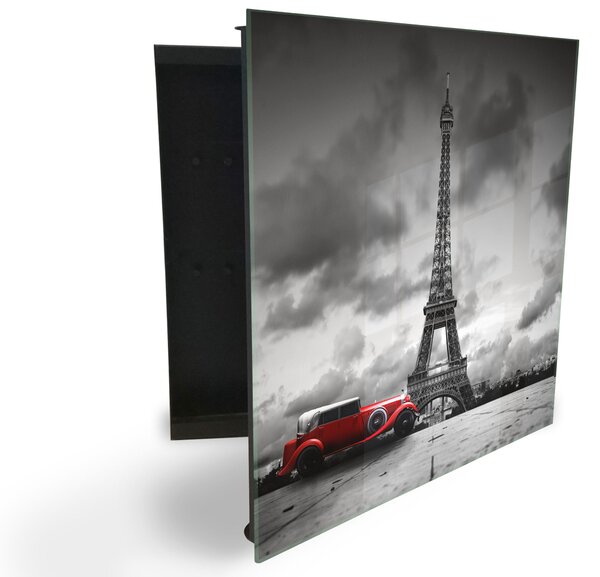 Glasdekor skrinka na kľúče - Paríž Eiffelová veža a červené auto - Ľavé / Čierna