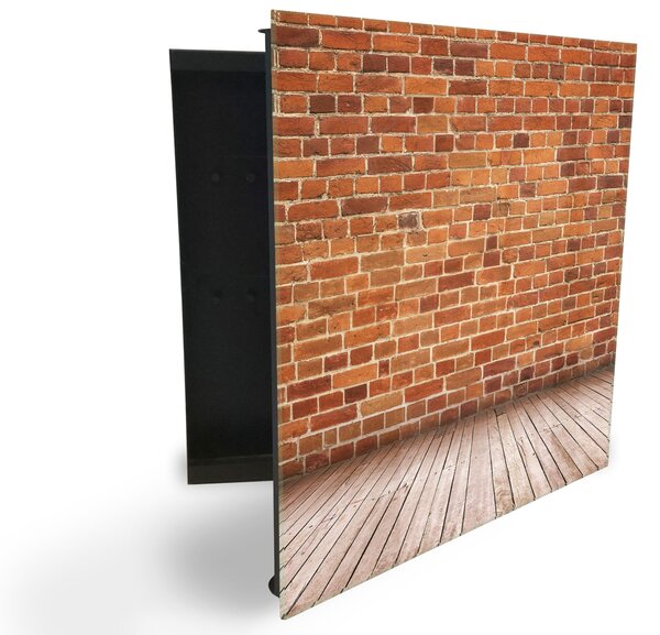 Glasdekor skrinka na kľúče - drevená podlaha a tehlový múr - Ľavé / Čierna