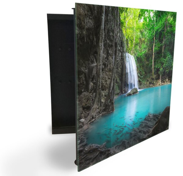 Glasdekor skrinka na kľúče - tyrkysová voda a vodopád v džungli - Pravé / Biela