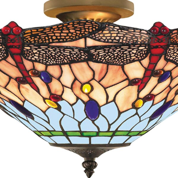 Searchlight Stropné svietidlo Dragonfly v tiffany štýle, Viacfarebné, Obývacia izba / jedáleň, Sklo, Tiffany, Stropné svetlo polkruhové s priestorom