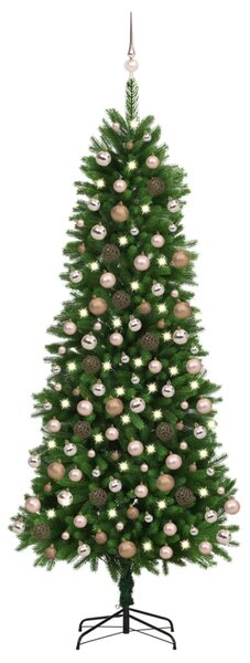 Osvetlený umelý vianočný stromček s guľami 240 cm, zelený