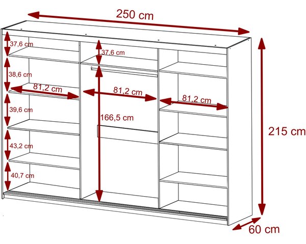 MEBLINE Šatníková skriňa s posuvnými dverami a zrkadlom VALTURA 250cm biela mat